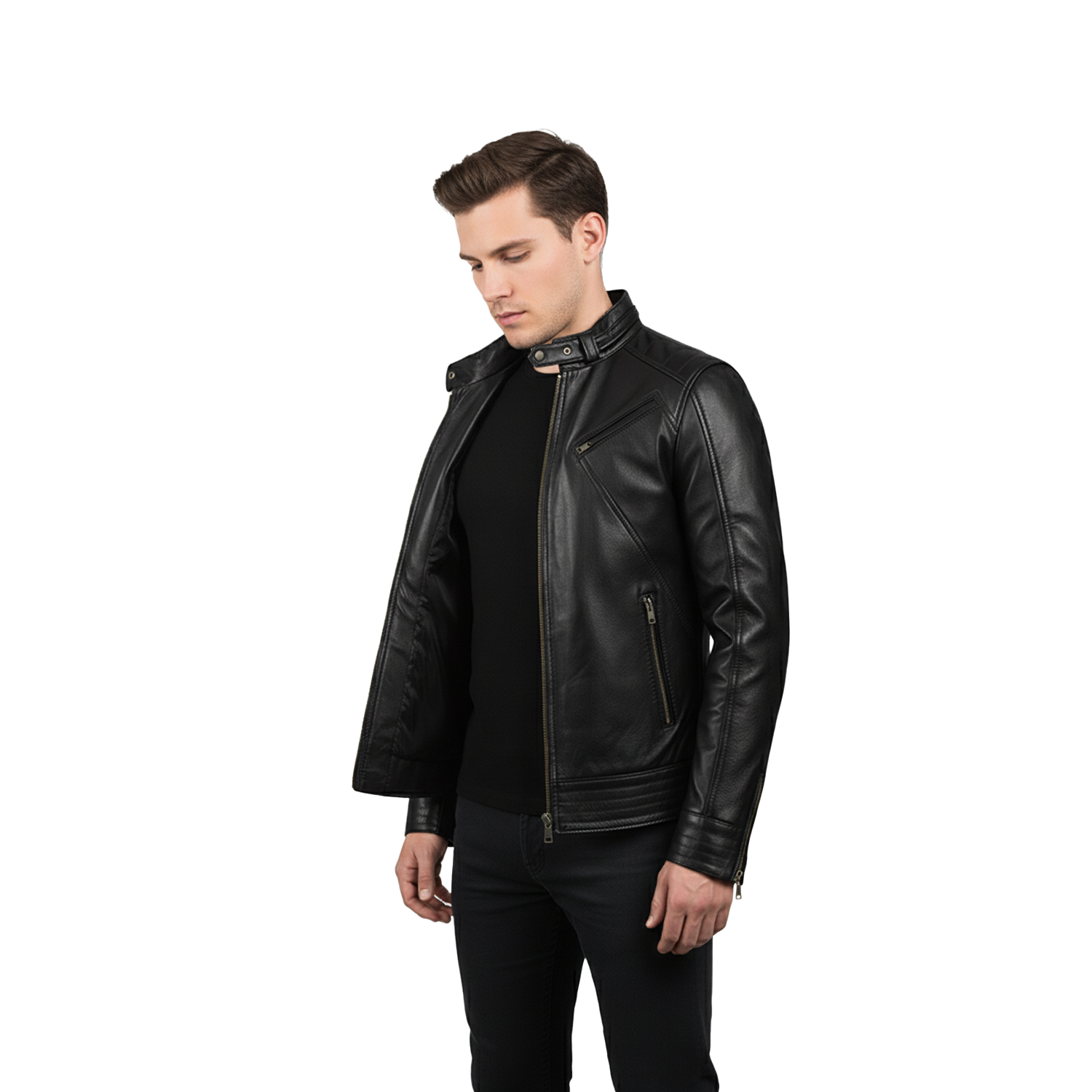 Men's Legacy Black Genuine Leather Biker Jacket with front zipper, snap-tab collar, and slim fit design