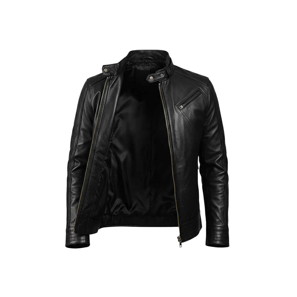Men's Legacy Black Genuine Leather Biker Jacket with front zipper, snap-tab collar, and slim fit design