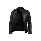 Men's Legacy Black Genuine Leather Biker Jacket with front zipper, snap-tab collar, and slim fit design