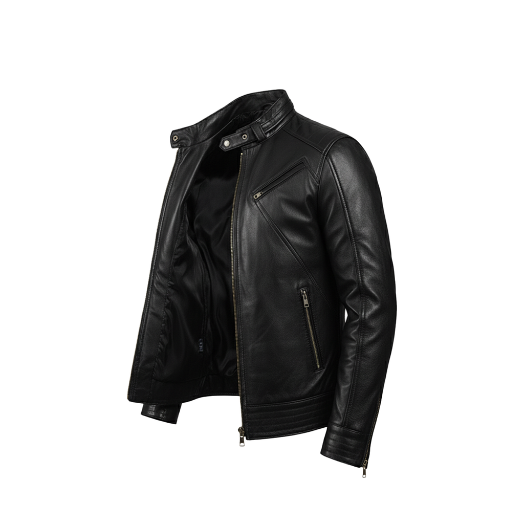 Men's Legacy Black Genuine Leather Biker Jacket with front zipper, snap-tab collar, and slim fit design