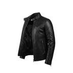 Men's Legacy Black Genuine Leather Biker Jacket with front zipper, snap-tab collar, and slim fit design