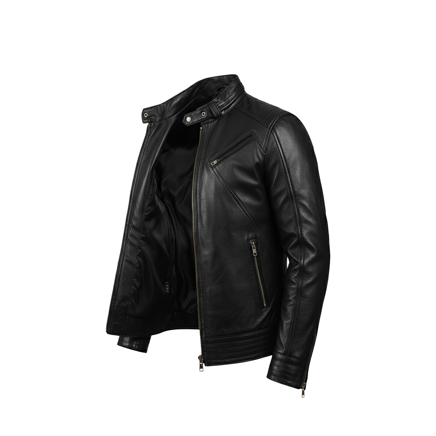 Men's Legacy Black Genuine Leather Biker Jacket with front zipper, snap-tab collar, and slim fit design