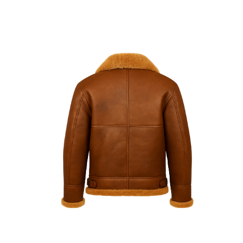 Brown leather jacket with fur lining on a white background
