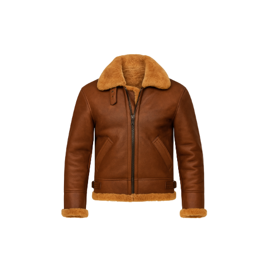 Brown leather jacket with fur collar and cuffs on a white background