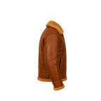 Brown leather jacket with fur trim on a white background