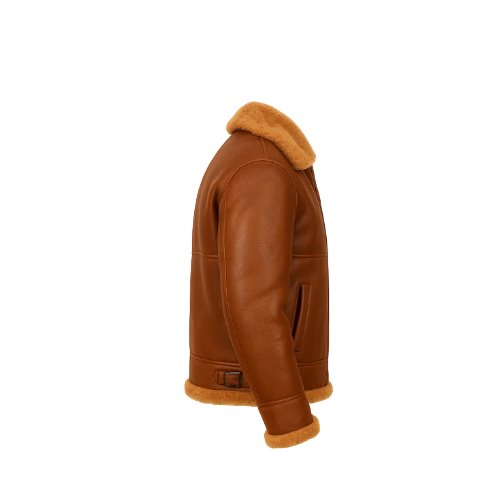Brown leather jacket with fur trim on a white background