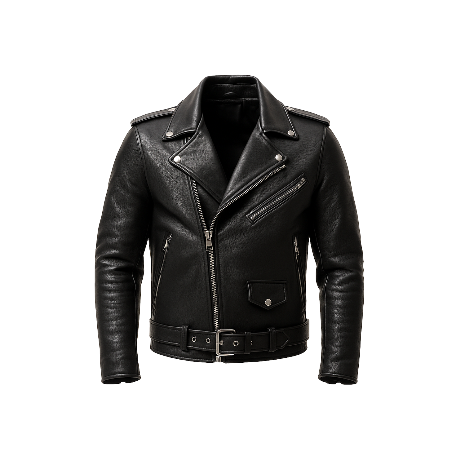 Black leather jacket on a white background