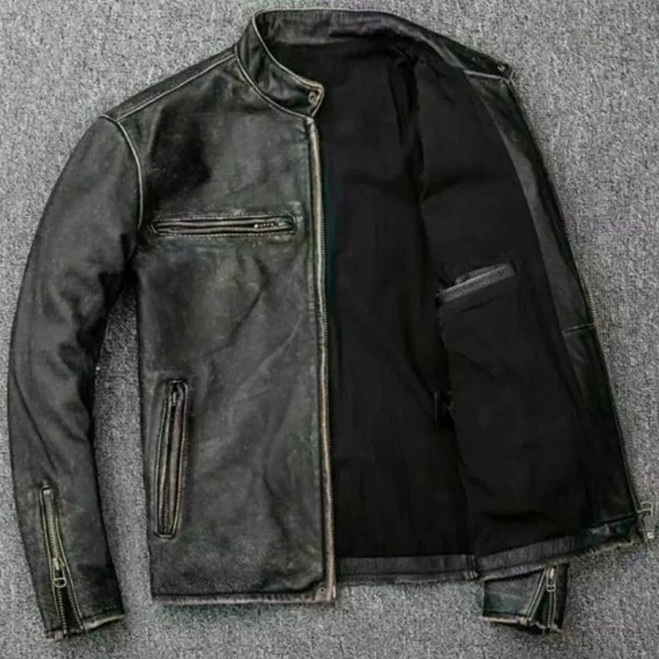 Men’s Distressed Black Leather Biker Jacket