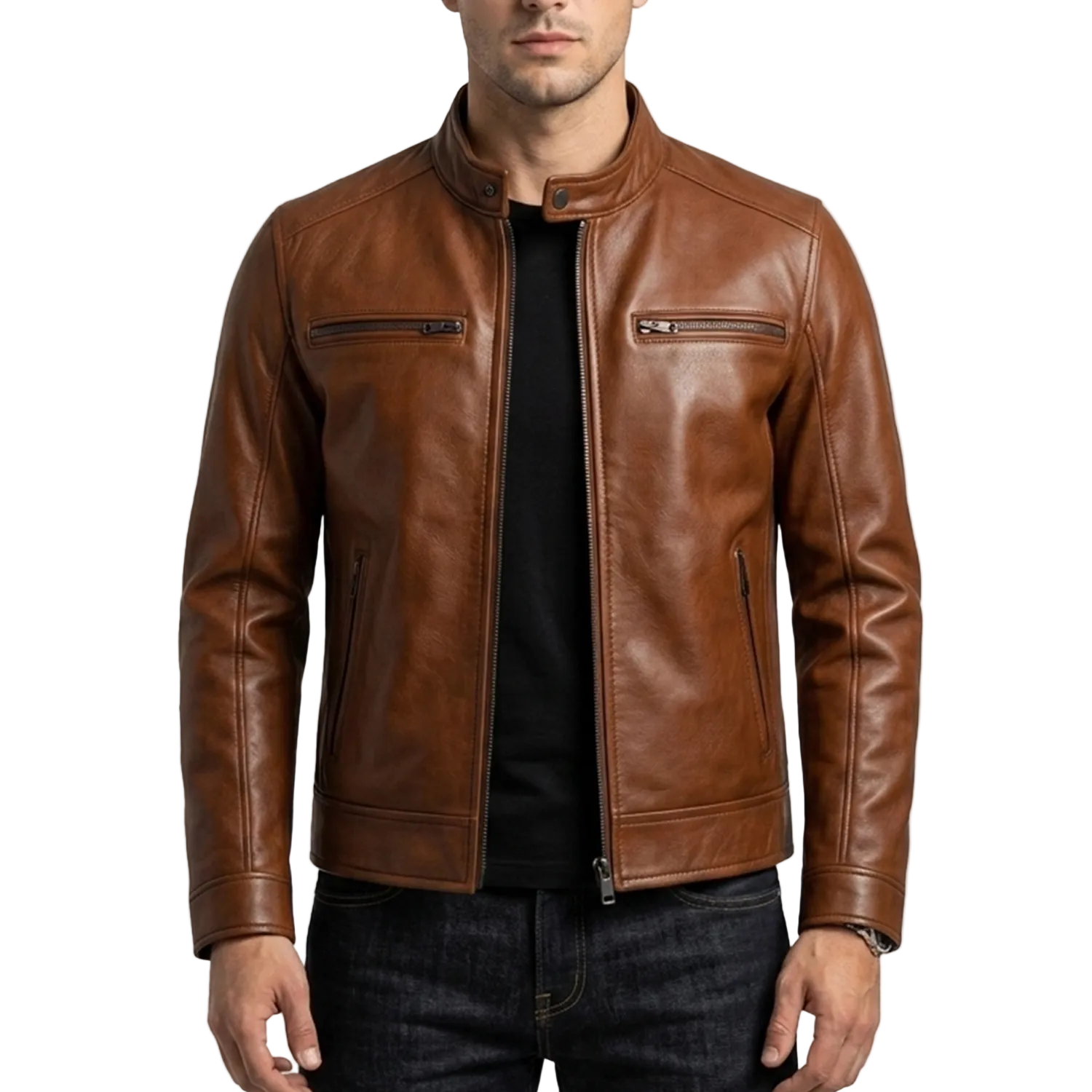 Men’s Brown Lambskin Leather Cafe Racer Jacket