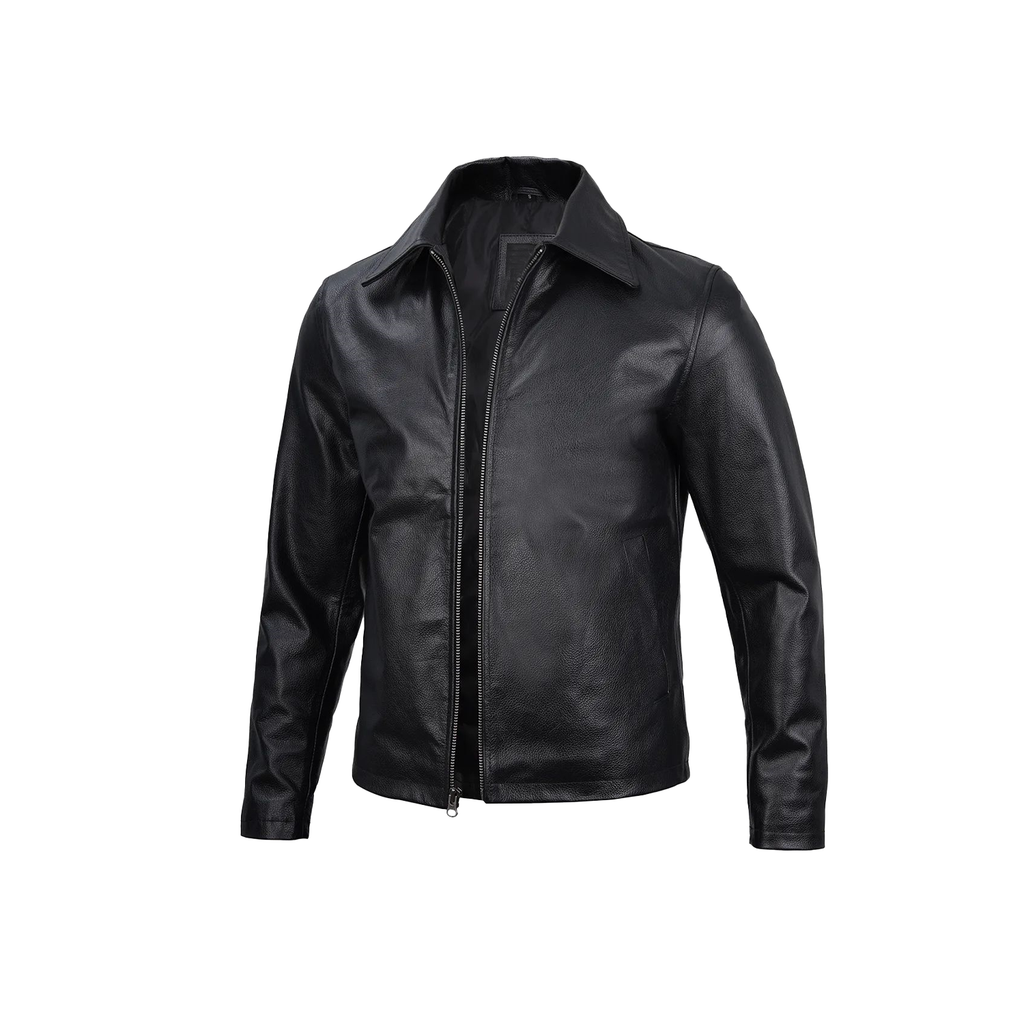 Black leather jacket on a white background