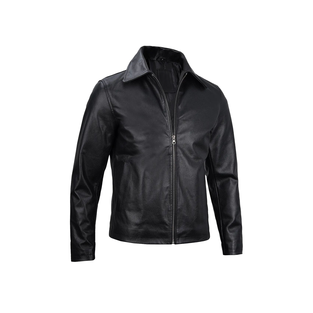 Black leather jacket on a white background