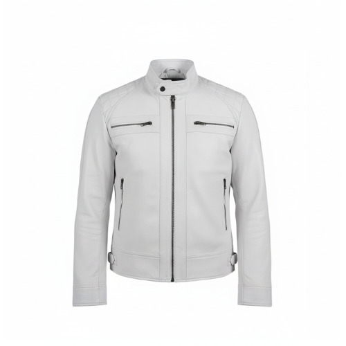 Light gray jacket with black zippers on a white background