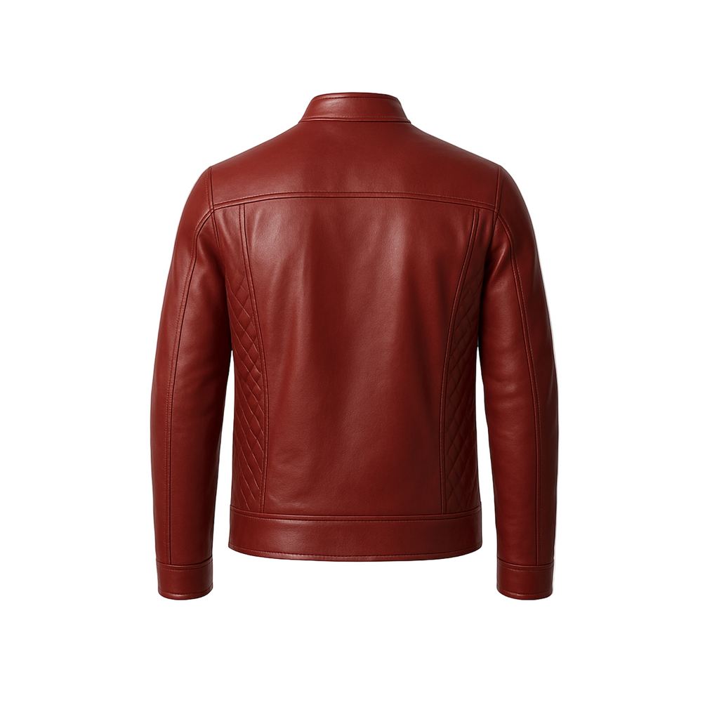 Red leather jacket shown from the back on a white background