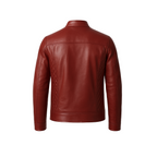 Red leather jacket shown from the back on a white background