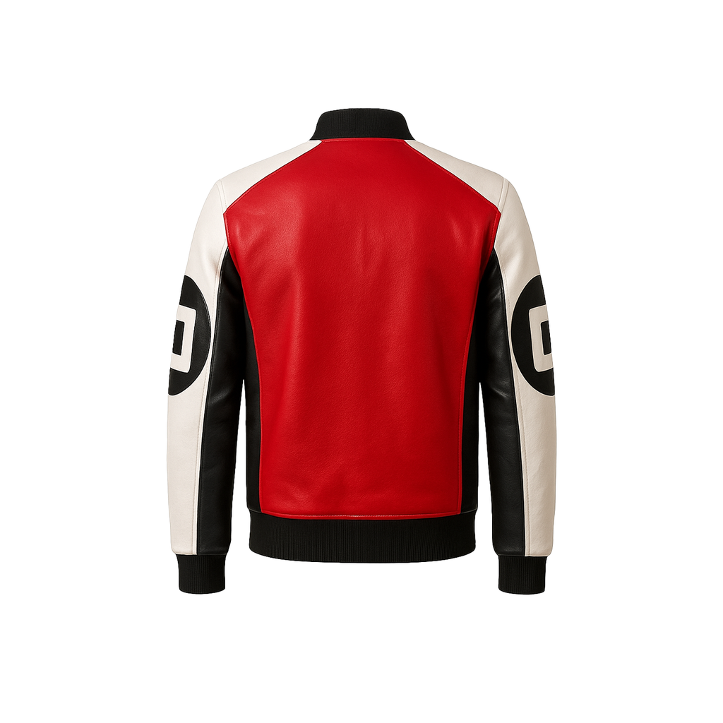 Red, black, and white jacket with a prominent brand logo on a white background