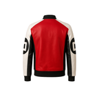 Red, black, and white jacket with a prominent brand logo on a white background