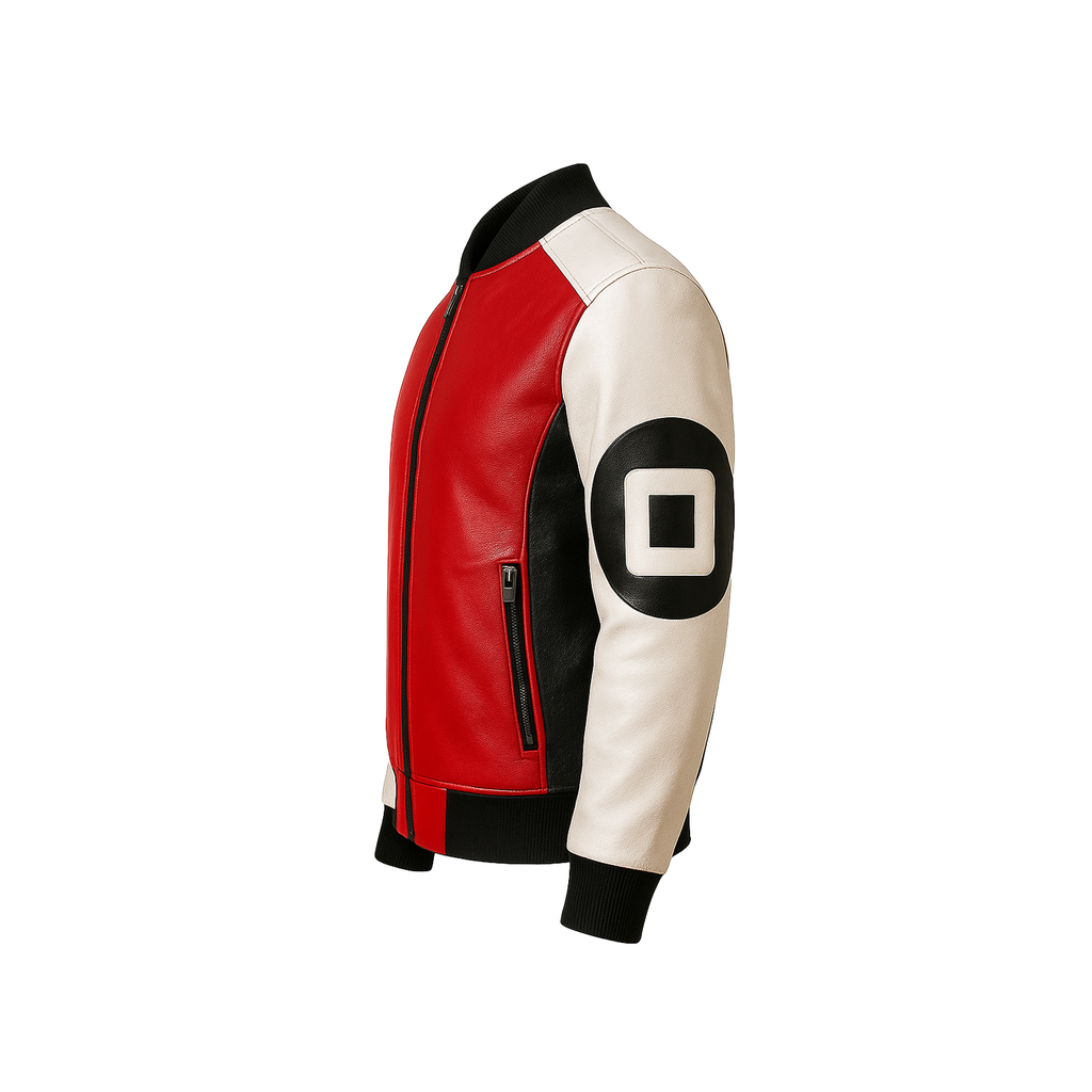 Red, black, and white jacket with a square logo on a white background