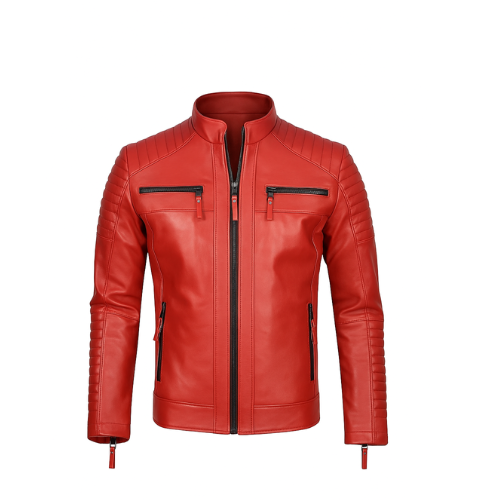 Men’s Red Genuine Sheepskin Leather Biker Jacket