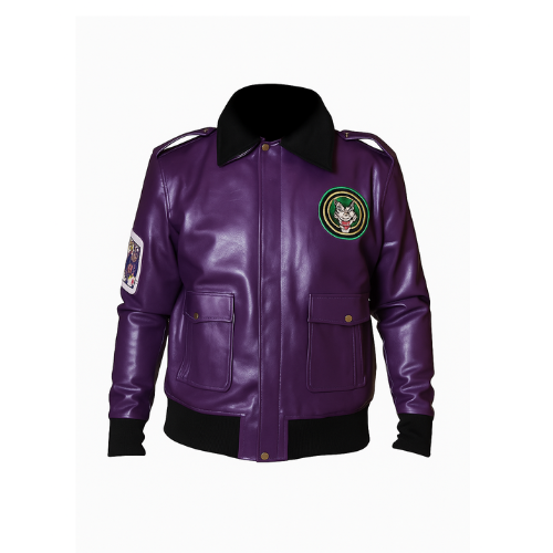 Men’s Joker Goon Purple Leather Bomber Jacket with Fur Collar