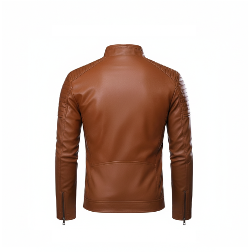 Men's Brown Slim Fit Biker Leather Jacket with Quilted Shoulders