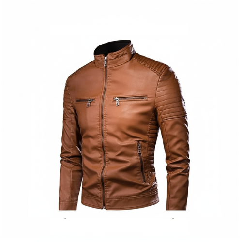 Men's Brown Slim Fit Biker Leather Jacket with Quilted Shoulders