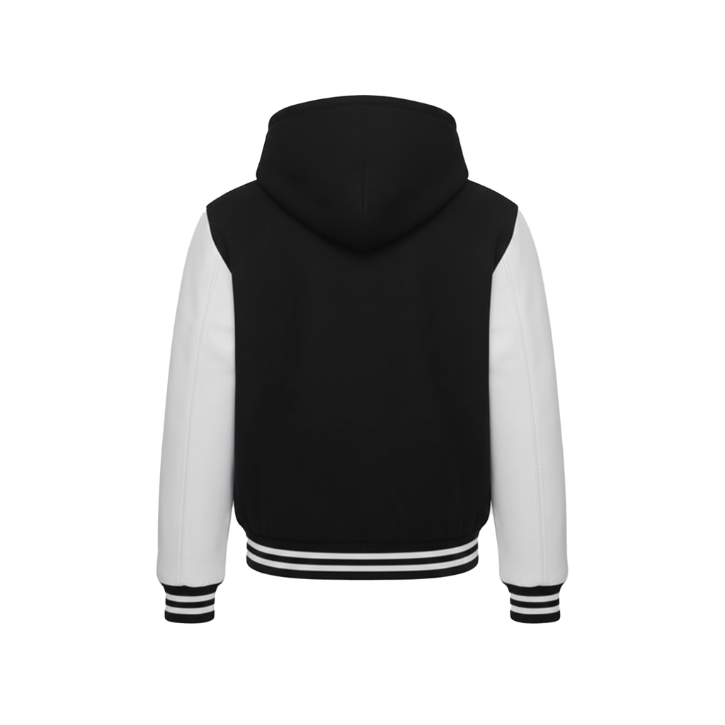 Black and white hoodie with striped cuffs on a white background