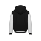 Black and white hoodie with striped cuffs on a white background