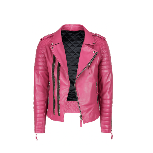Men’s Real Leather Pink Quilted Biker Jacket