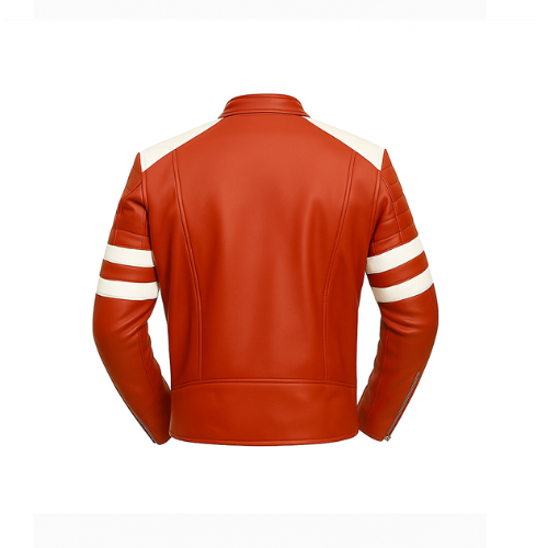 Handmade Genuine Leather Motorcycle Jacket with White Stripes