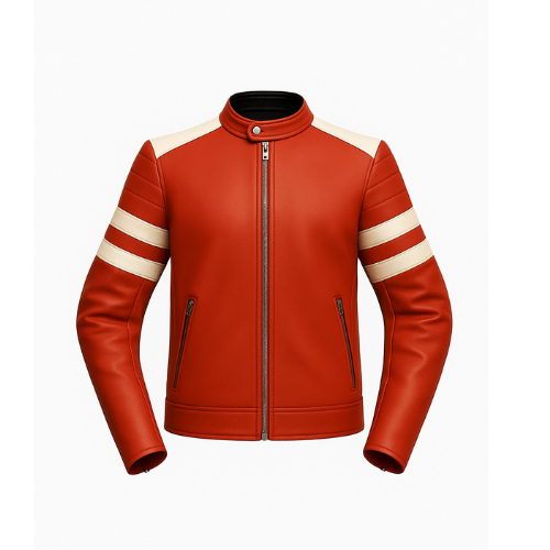 Handmade Genuine Leather Motorcycle Jacket with White Stripes