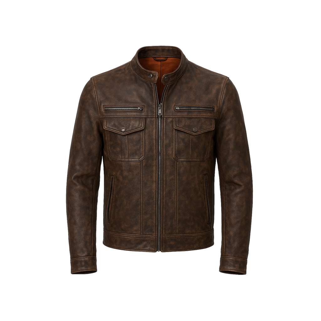 Brown leather jacket on a white background