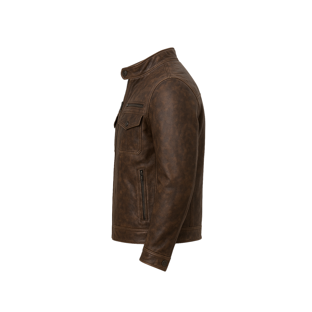 Brown leather jacket on a white background