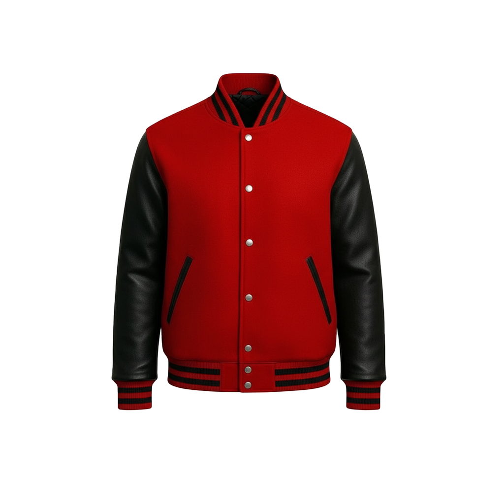 Red and black varsity jacket on a white background