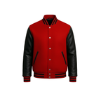 Red and black varsity jacket on a white background