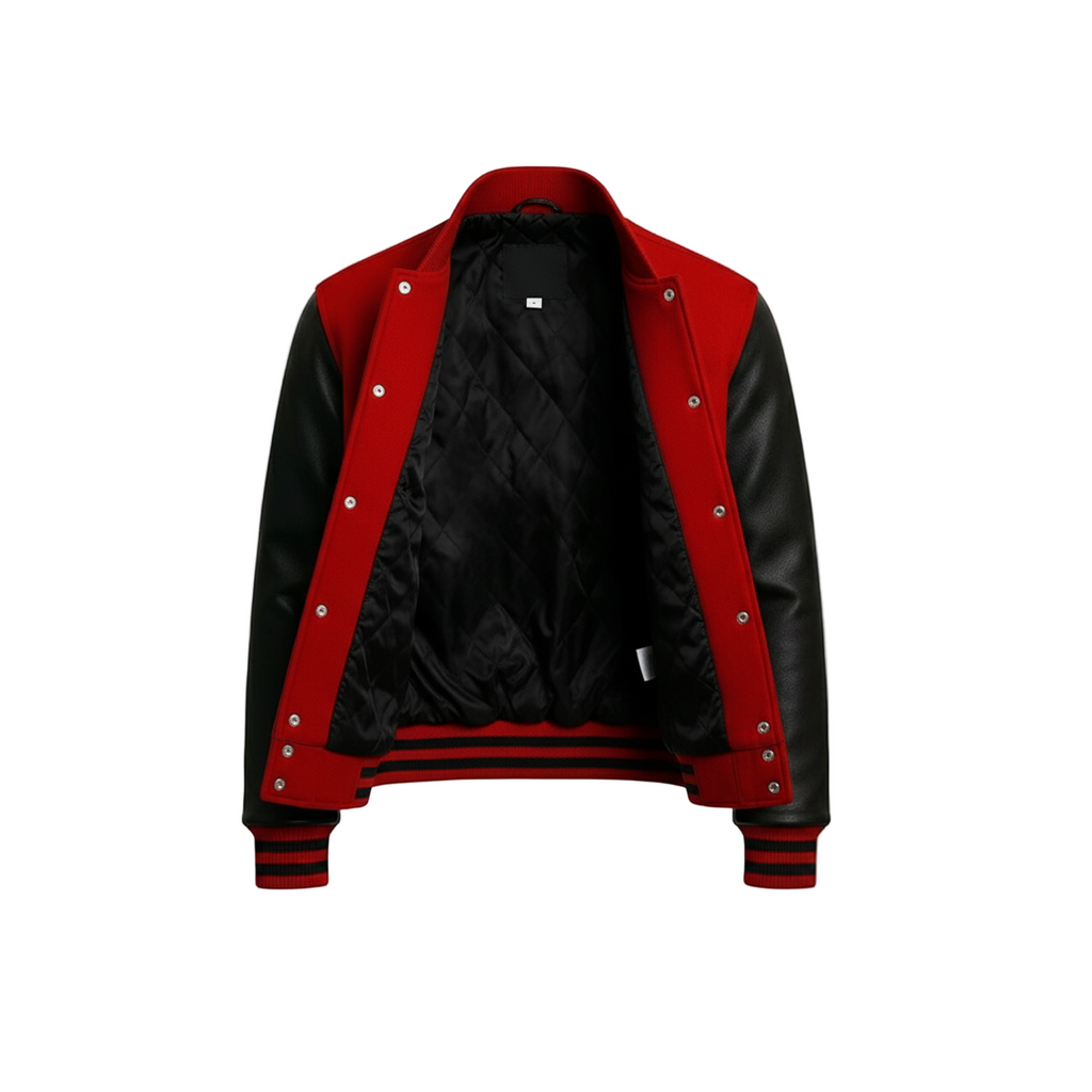 Black and red varsity jacket on a white background