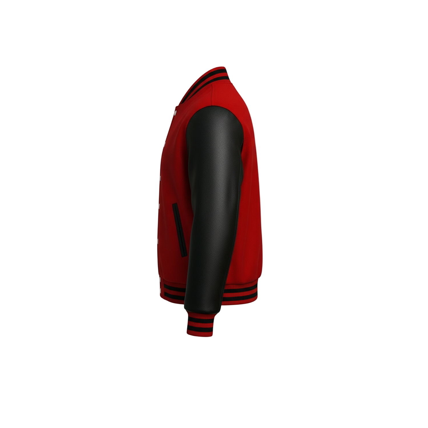 Red and black varsity jacket on a white background