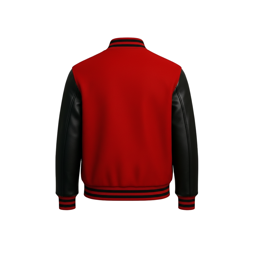 Red and black varsity jacket on a white background