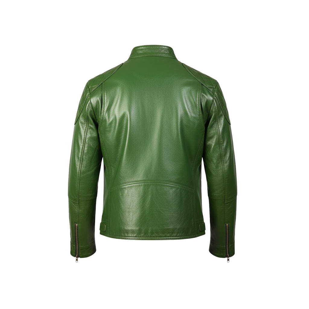 Men’s Green Real Leather Biker Jacket with Stand Collar