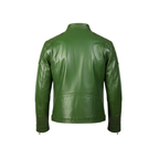 Men’s Green Real Leather Biker Jacket with Stand Collar