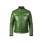 Men’s Green Real Leather Biker Jacket with Stand Collar