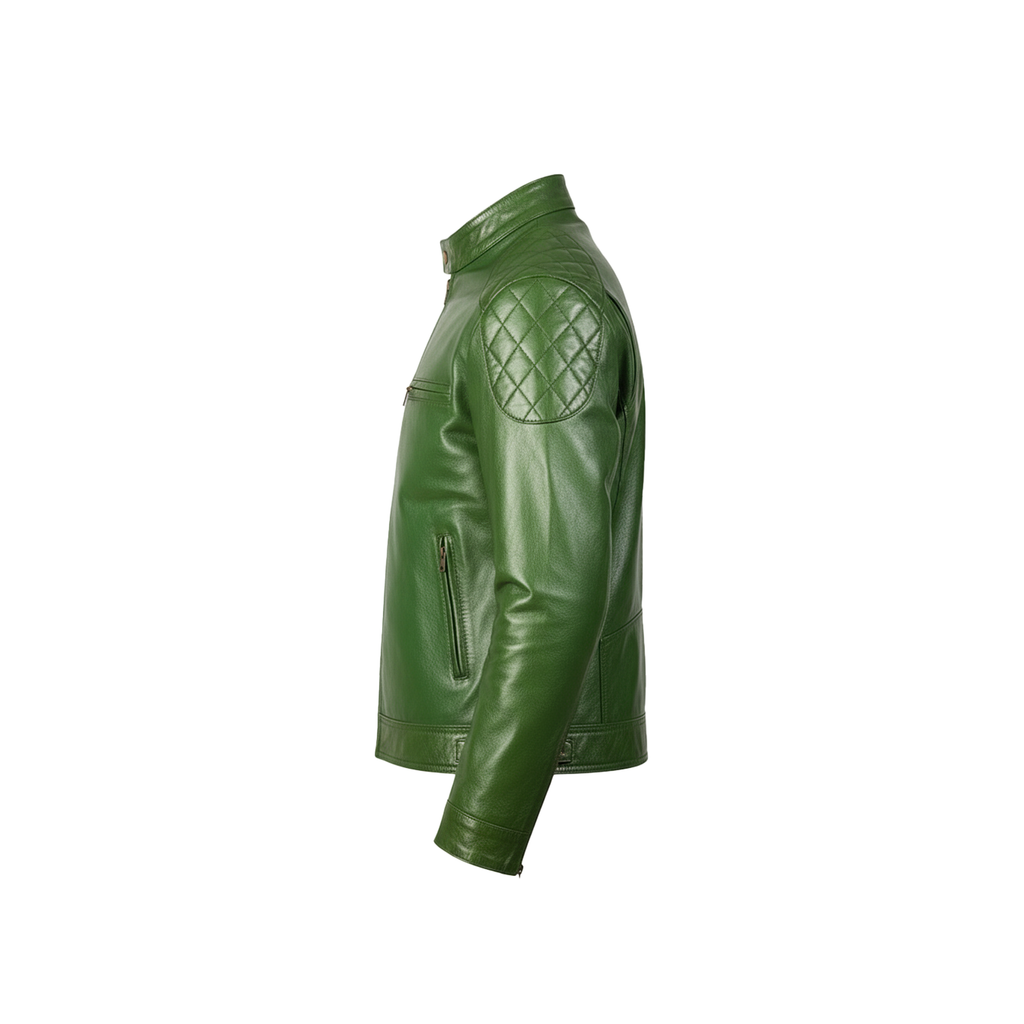 Men’s Green Real Leather Biker Jacket with Stand Collar