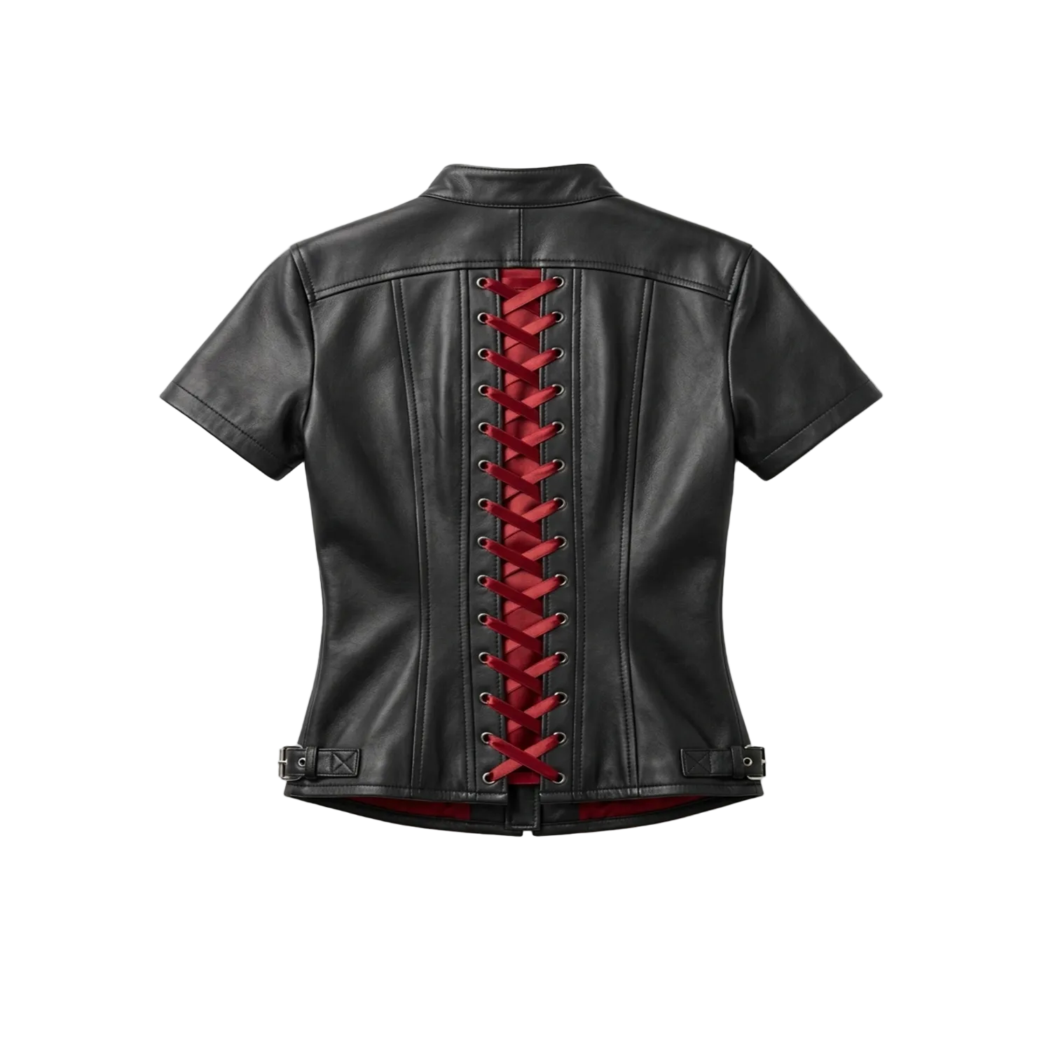 Black leather jacket with red lacing on a white background