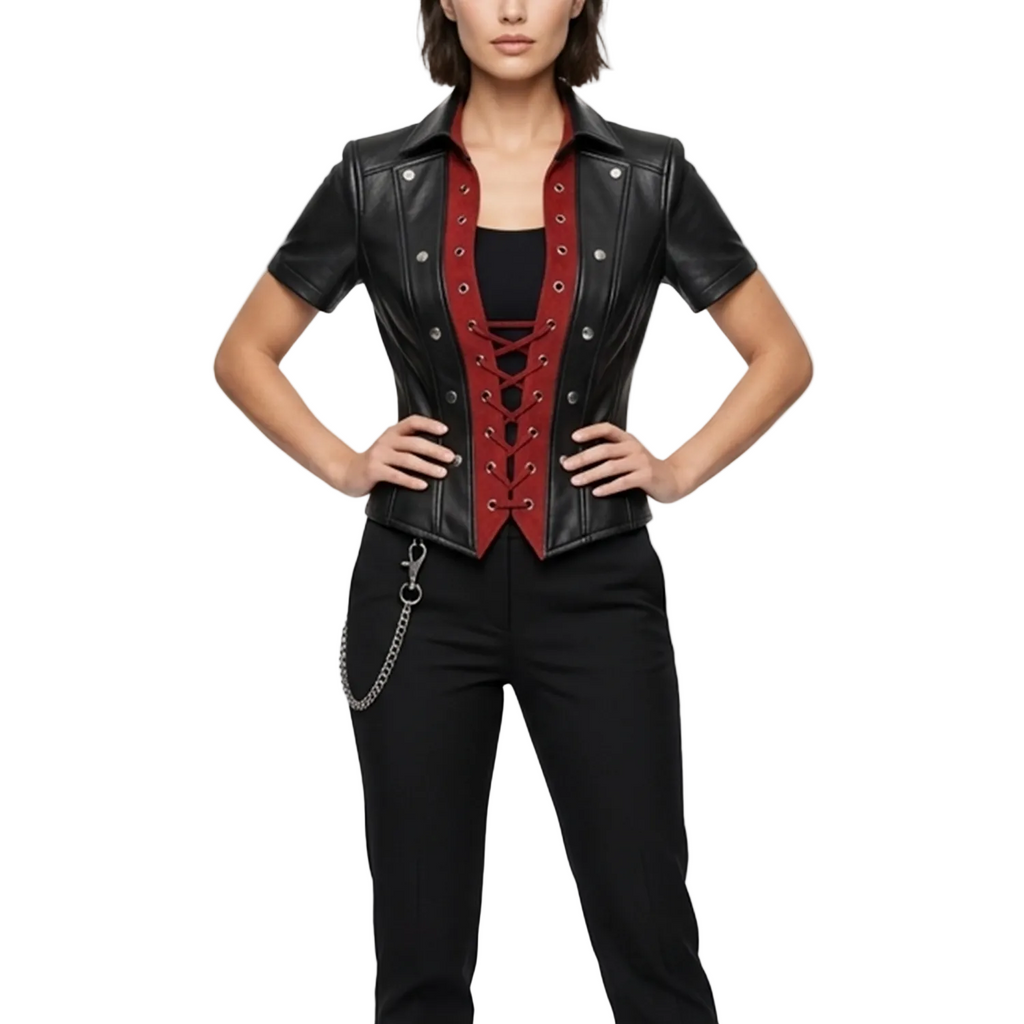 Black leather jacket with red accents worn by a model on a white background