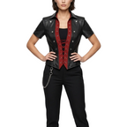 Black leather jacket with red accents worn by a model on a white background
