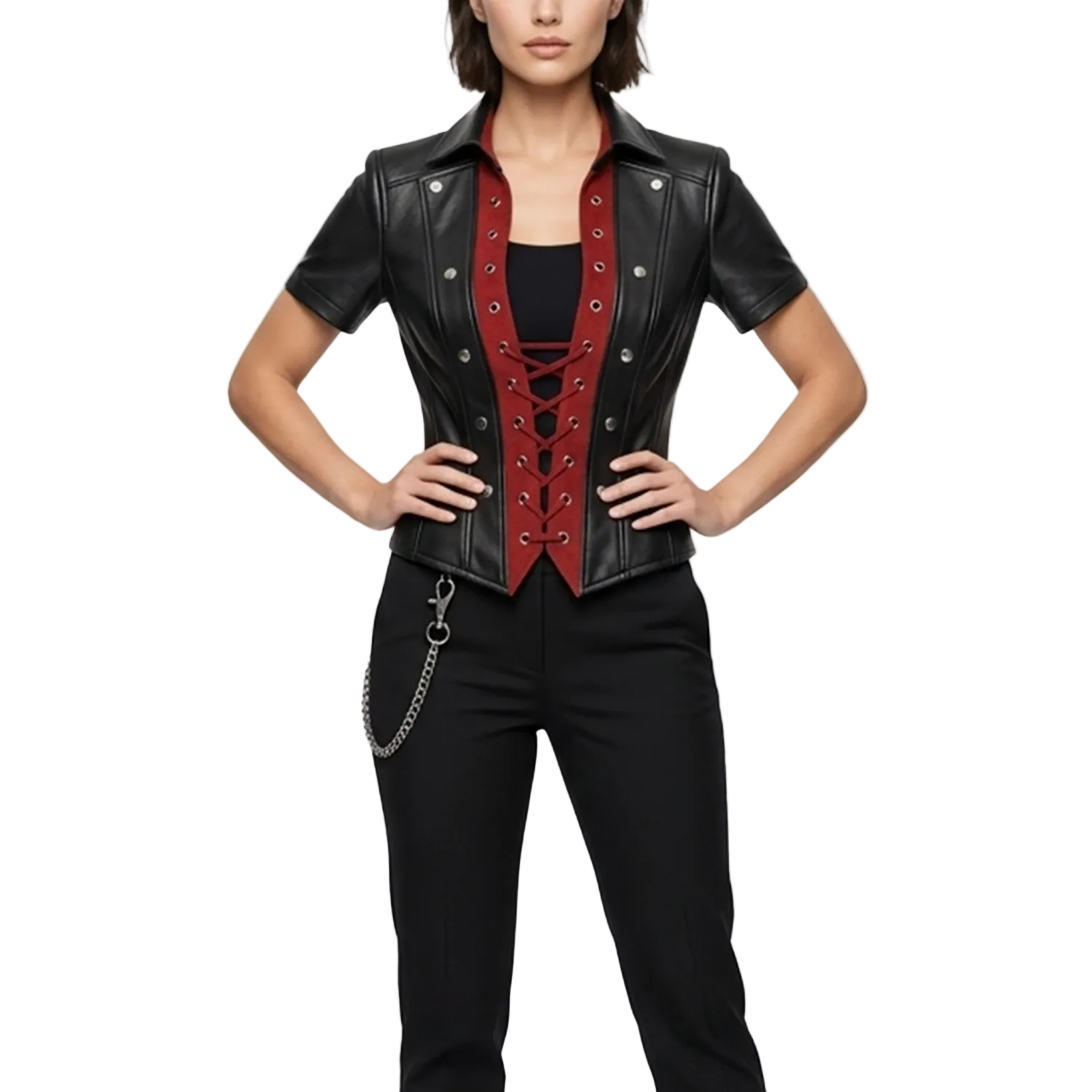 Black leather jacket with red accents worn by a model on a white background