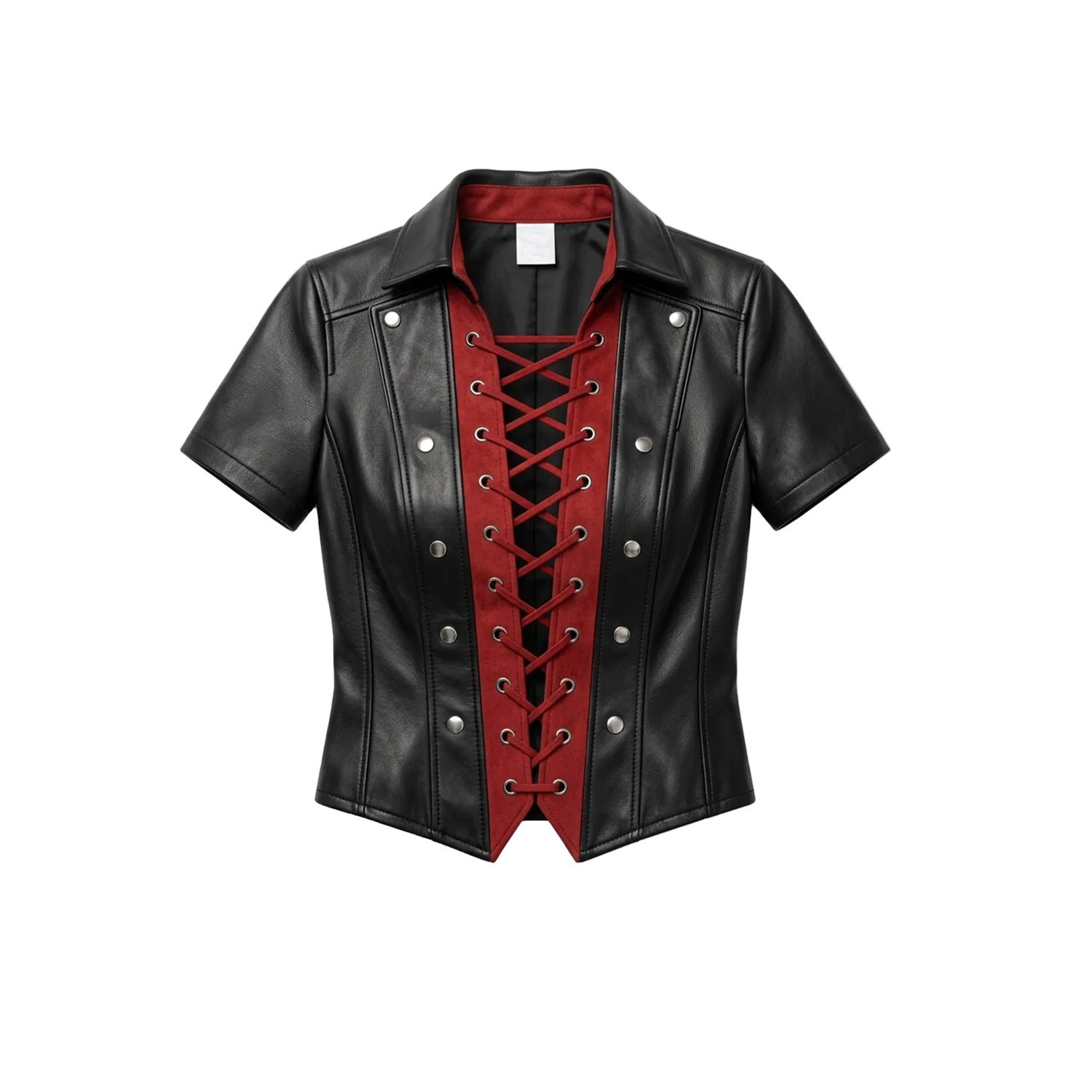 Black leather shirt with red interior and lace-up front on a white background, featuring a brand logo.