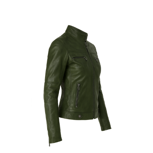 Women’s Olive Green 100% Pure Sheepskin Leather Biker Motorcycle Jacket