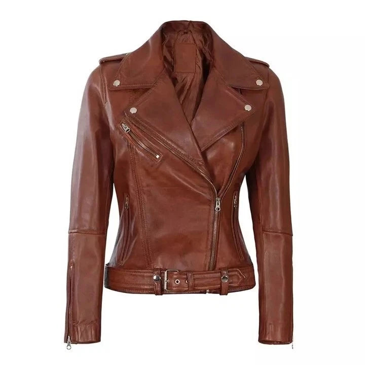 Women's Slim-Fit Brown Leather Motorcycle Jacket