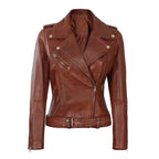 Women's Slim-Fit Brown Leather Motorcycle Jacket