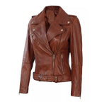 Women's Slim-Fit Brown Leather Motorcycle Jacket